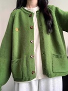 日系复古绿色针织开衫毛衣外套，女2024春季慵懒宽松风软糯上衣
