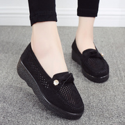 夏季老北京布鞋松糕厚底单鞋，中跟坡跟黑色工作鞋透气网鞋豆豆女鞋