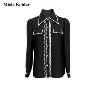 Miele Kohler高级感气质撞色衬衫女黑白拼接镶边设计感翻领短上衣