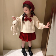 女童冬季裙子套装韩系新年网红炸街女宝儿童加厚毛衣百褶裙两件套