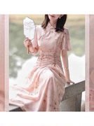 新中式国风粉色碎花裙子，高端精致浪漫复古改良旗袍泡泡袖连衣裙夏