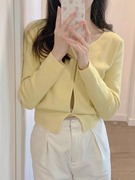 黄色v领短款长袖针织衫女春夏，2024年设计感小众开衫外套上衣