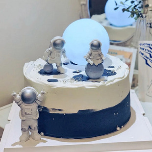 发光月球灯男孩宇航员星空宇宙蛋糕装饰摆件太空人飞船火箭烘焙