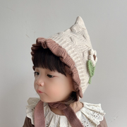婴儿帽子秋冬季手工花，针织毛线护耳，帽女宝宝可爱超萌套头毛线帽