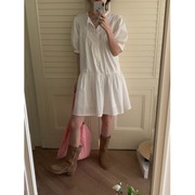 韩版白色蕾丝边v领连衣裙，女夏季甜美圆领重工，短袖泡泡袖抽身长裙