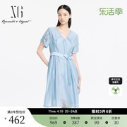 XG雪歌湖蓝减龄娃娃领连衣裙2024夏季淑女风抽褶显瘦A字裙女