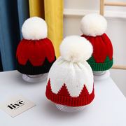 圣诞节红色宝宝帽保暖针织帽红色儿童帽毛线帽球球帽子可爱潮帽