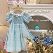 小女孩儿童宝宝夏季装赫本风，蕾丝花边圆领泡泡，短袖蓝色淑女连衣裙