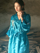 湖蓝色鹤袍~中国风刺绣花中长款睡袍开衫居家服睡衣