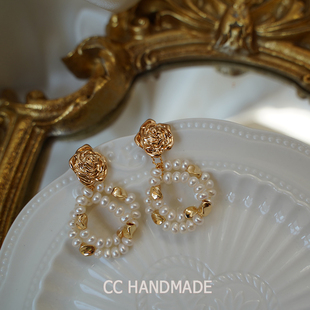 cc手作 法式耳环设计天然珍珠双层吊坠复古玫瑰耳环耳钉显气质