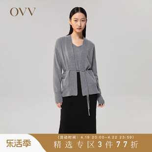 ovv秋冬女装珠片装饰时尚系带山羊绒长袖，针织开衫外套