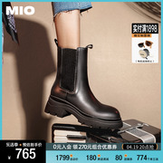 mio米奥2023年冬季靴子圆头，中筒复古厚底，黑色切尔西靴潮流女
