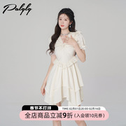 Palglg白色V领连衣裙女夏季高腰不规则短裙2023雪纺蕾丝裙子