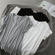 V领莫代尔白色短袖T恤女夏季韩版宽松纯色百搭基础款薄款上衣