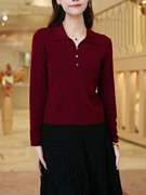 酒红色针织衫女翻领长袖毛衣，2024年秋冬季洋气，上衣大码打底衫