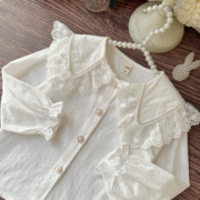 女童白色法式蕾丝花边，衬衫纯棉洋气，小孩衬衣2024春装宝宝上衣