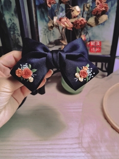 漢矜閣手工刺绣立体绣森系少女顶夹复古优雅温柔蝴蝶结弹簧夹