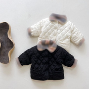 婴幼儿冬装0-3岁宝宝纯色风，衣夹棉外套拼色格子，洋气婴童上衣外套