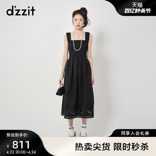 dzzit地素绣花吊带连衣裙春秋法式复古设计感小黑裙子女