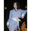lin张林超(张林超)蓝色，恋人减龄洋气，时尚套装法式条纹英伦衬衫半身裙