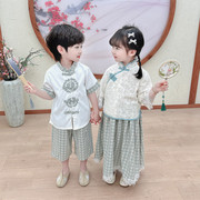 唐装男女童夏季童套装中国风格子童两件套复古儿童表演服旗袍