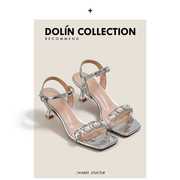 Dolin collection网红超火透明一字带凉鞋女夏性感方头水钻高跟鞋