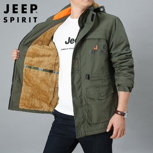 jeepspirit棉衣男中长款加绒加厚保暖棉服，可拆卸帽工装多袋棉袄