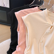 新中式立领无袖T恤女2024夏季镂空抽褶收腰短款纯色上衣