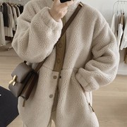 韩国羊羔毛外套(毛外套)女m秋冬加厚宽松显瘦立领，设计感羊羔绒皮毛一体大