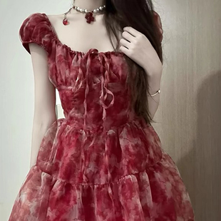 法式红色网纱碎花连衣裙女2024夏季小个子泡袖蓬蓬公主小礼裙短裙