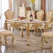 欧式大理石餐桌椅组合全实木香槟色雕花6-8人轻奢长方形家用饭桌