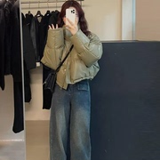 绿色短款pu皮棉服女2024年韩系流行美式棉袄女外套潮