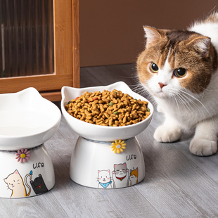 猫咪饭碗陶瓷猫猫吃饭碗高脚猫碗大号斜口碗防打翻猫食盆宠物饭盆