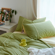 北欧风双拼小清新水洗棉四件套纯棉被套床单全棉1.8米双人黄绿色