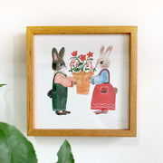 兔子夫妇装饰画情侣卧室壁画餐厅挂画情人节有框画实木摆台画