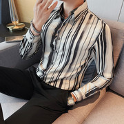 条纹衬衫男长袖秋季高级感潮流，韩版修身帅气休闲英伦痞帅衬衣