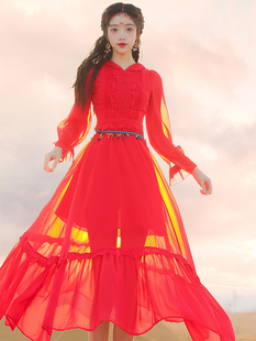 大红色超仙宽松显瘦摩洛哥民族，风西藏旅游度假长裙高密雪纺连衣裙