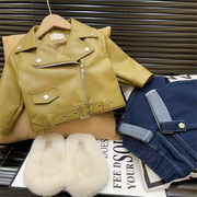 女童秋季短款皮衣外套2023韩版休闲街头设计感时髦机车夹克潮