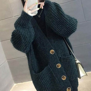 中长款粗线V领毛衣女2022年秋冬季韩版宽松加厚针织开衫外套