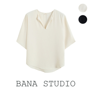 BANA外贸出口法式黑白V领垂坠蝙蝠中袖衬衫女2023年春夏衬衣上衣