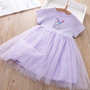 女童公主纱裙2024夏季短袖，儿童卡通蓬蓬裙礼服裙洋气紫色纱裙