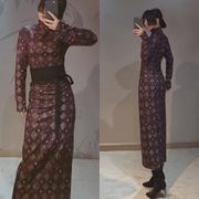 大码女装连衣裙复古中式修身弹力暗色花纹菱形格暖咖啡色系老上海