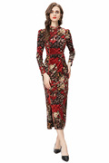 欧美女复古气质织花弹力新中式旗袍印花包臀显瘦丝绒连衣裙