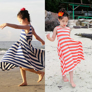韩版女童纯棉长款条文，连衣裙儿童波，西米亚公主漏背沙滩裙