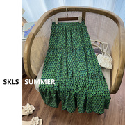 绿色复古半身裙女夏季2023松紧，高腰拼接显瘦中长款氛围感花裙