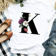 女士花卉短袖字母K可爱国王女士印花女士T恤女士衬衫衣服T恤女上