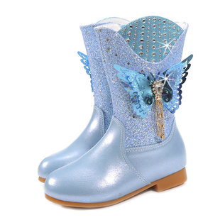 女童靴子2021冬季水钻蝴蝶儿童马丁单靴中大童中筒靴加绒童鞋