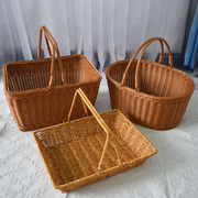 仿藤塑料编织提手方形野餐，篮塑料篮购物篮，菜篮采摘果篮子果蔬篮