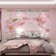 儿童房女孩房间壁纸，粉色卡通世界地图墙纸，卧室床头墙布背景墙壁画