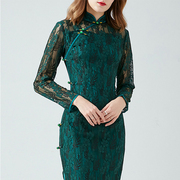 改良版立领旗袍墨绿色蕾丝长袖修身包臀开叉连衣裙子欧美大码女装